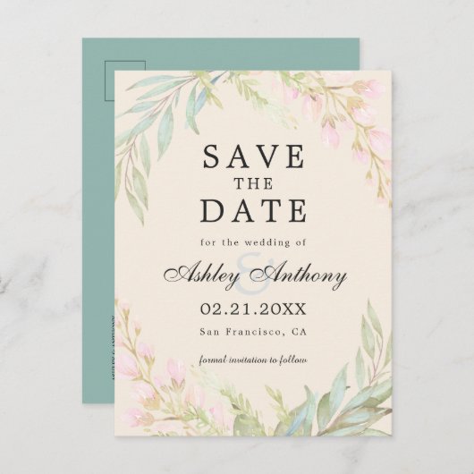 シックなエメラルドとピンクのフローラエレガントが日付を保存 案内ポストカード (正面/裏面)