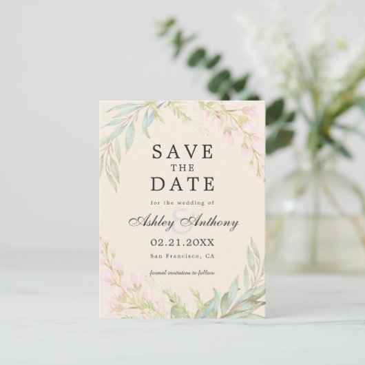シックなエメラルドとピンクのフローラエレガントが日付を保存 案内ポストカード (スタンド正面)