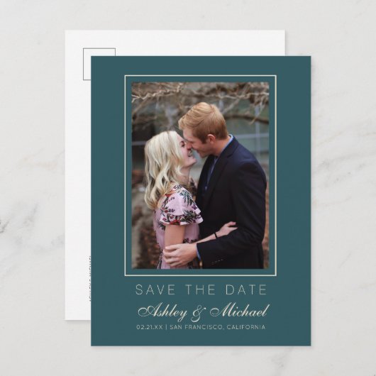 シックなエメラルドアイボリーウェディング日付写真を保存 案内ポストカード (正面/裏面)