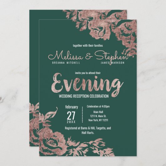 シックなエメラルドグリーンのバラの金ゴールドの花の夕べ 招待状 (正面/裏面)