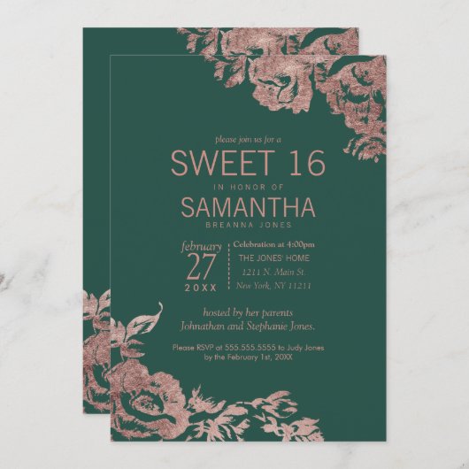 シックなエメラルドグリーンのバラの金ゴールドの花の菓子16 招待状 (正面/裏面)