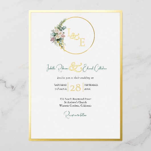 シックなエメラルドグリーンカラー洗浄金ゴールド赤面バラ 箔招待状 (正面)