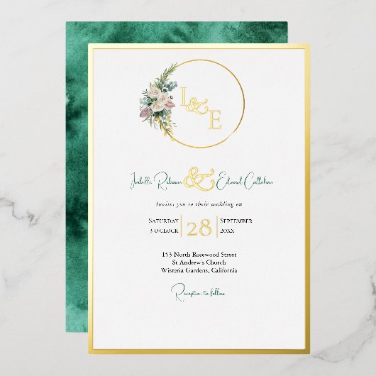 シックなエメラルドグリーンカラー洗浄金ゴールド赤面バラ 箔招待状 (正面/裏面)