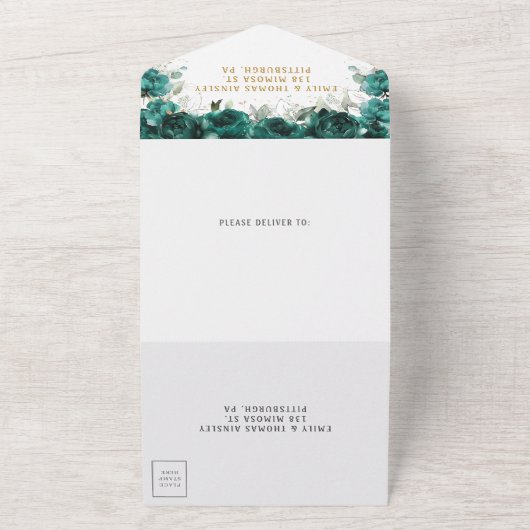 シックなエメラルドグリーンフローラ結婚の花 オールインワン招待状 (外側)