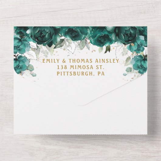シックなエメラルドグリーンフローラ結婚の花 オールインワン招待状 (裏面)