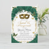 シックなエメラルドグリーンフローラ金ゴールドスウィート16マスカレード 招待状 (スタンド正面)