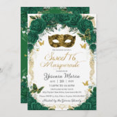 シックなエメラルドグリーンフローラ金ゴールドスウィート16マスカレード 招待状 (正面/裏面)