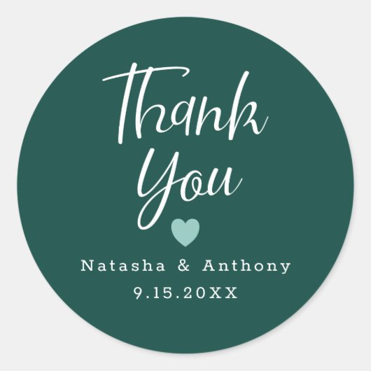 シックなエメラルドグリーンホワイトハートサンキュー結婚ズ ラウンドシール (正面)