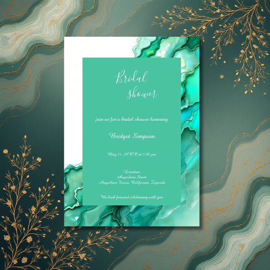 シックなエメラルドティール（緑がかった色）マーブルウォーターカラーブライダルシャワー 招待状