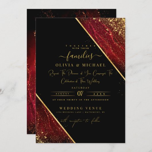 シックなエメラルドレッドダークフォイル抽象芸術アゲート結婚ト 招待状 (正面/裏面)