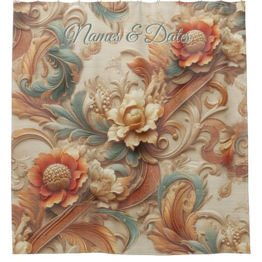 シックなエレガントクリームとレザーの花のテクスチャの外観 シャワーカーテン (正面)