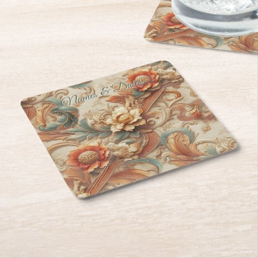 シックなエレガントクリームとレザーの花のテクスチャの外観 スクエアペーパーコースター (アングル)