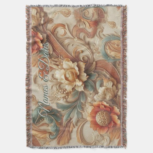 シックなエレガントクリームとレザーの花のテクスチャの外観 スローブランケット (正面縦)