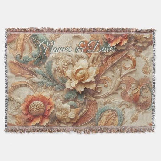 シックなエレガントクリームとレザーの花のテクスチャの外観 スローブランケット (正面)