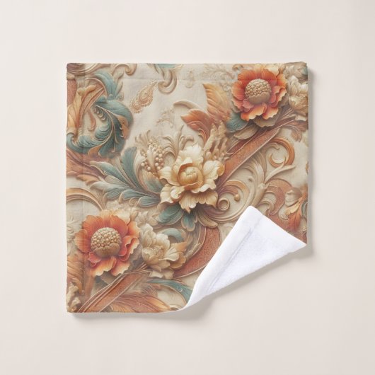 シックなエレガントクリームとレザーの花のテクスチャの外観 バスタオルセット (ウォッシュタオル)