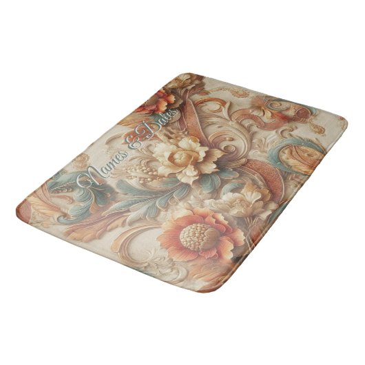 シックなエレガントクリームとレザーの花のテクスチャの外観 バスマット (アングル)