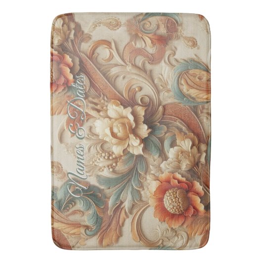 シックなエレガントクリームとレザーの花のテクスチャの外観 バスマット (正面縦)