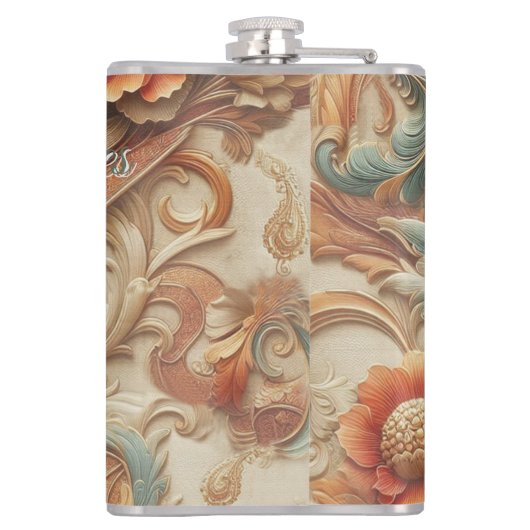 シックなエレガントクリームとレザーの花のテクスチャの外観 フラスク (裏面)
