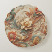 シックなエレガントクリームとレザーの花のテクスチャの外観 ラウンドクッション (裏面)