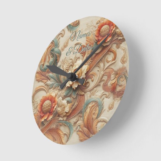 シックなエレガントクリームとレザーの花のテクスチャの外観 ラウンド壁時計 (傾斜)