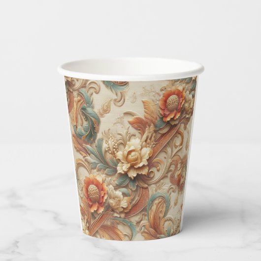 シックなエレガントクリームとレザーの花のテクスチャの外観 紙コップ (裏面)