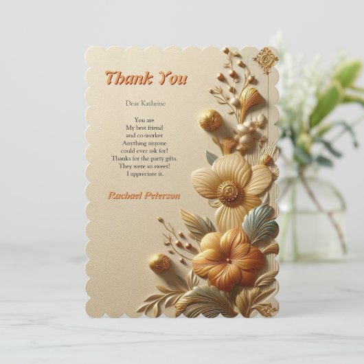 シックなエレガントクリームとレザーの花の質感 サンキューカード (スタンド正面)