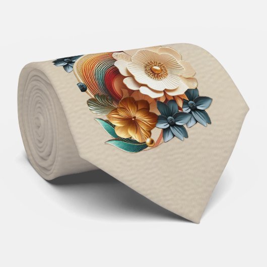 シックなエレガントクリームとレザーの花の質感 ネクタイ (ロール)