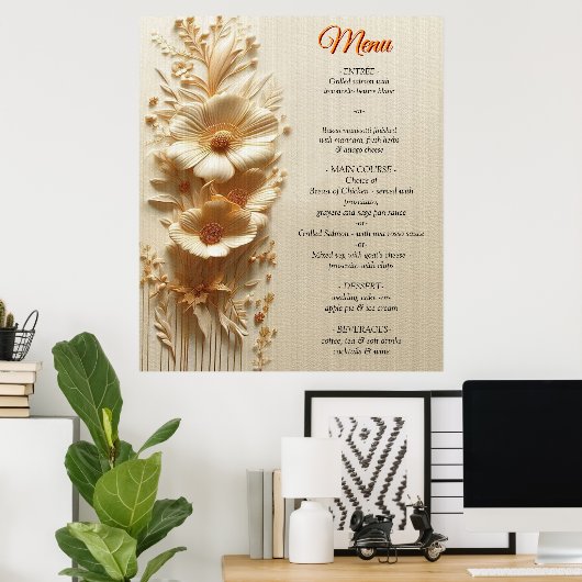 シックなエレガントクリームとレザーの花の質感 ポスター (ホームオフィス)