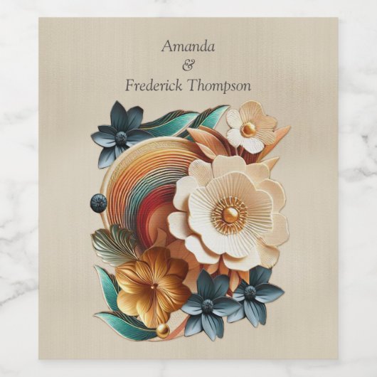 シックなエレガントクリームとレザーの花の質感 ワインラベル (シングルラベル)