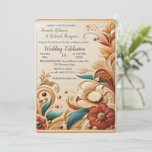 シックなエレガントクリームとレザーの花の質感 招待状 (スタンド正面)