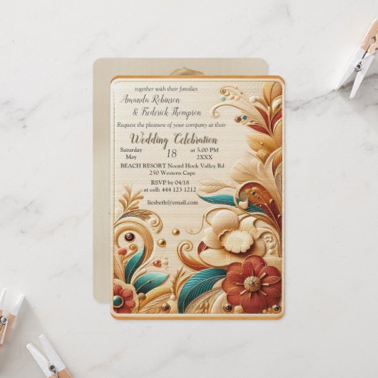 シックなエレガントクリームとレザーの花の質感 招待状 (正面/裏面インサイチュ)