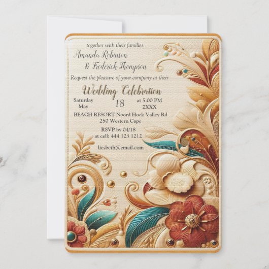 シックなエレガントクリームとレザーの花の質感 招待状 (正面)