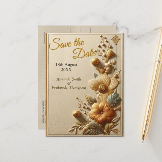 シックなエレガントクリームとレザーの花の質感 案内ポストカード (正面/裏面インサイチュ)