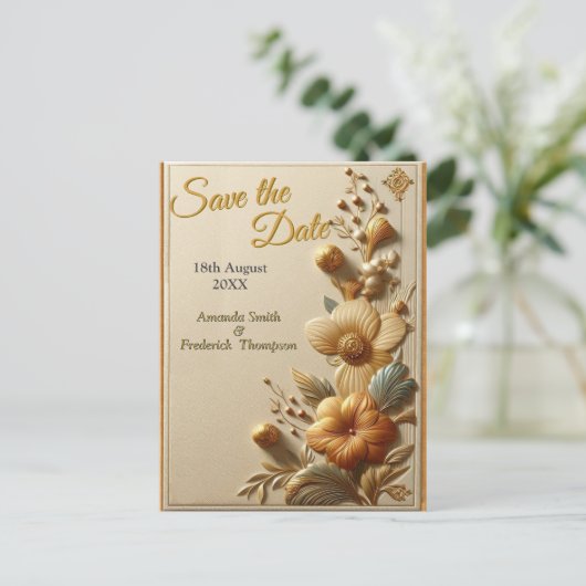 シックなエレガントクリームとレザーの花の質感 案内ポストカード (スタンド正面)