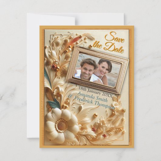 シックなエレガントクリームとレザーの花の質感 案内状 (正面)