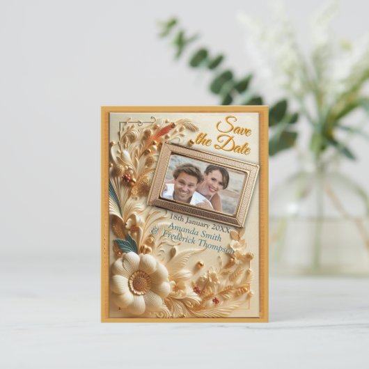 シックなエレガントクリームとレザーの花の質感 案内状 (スタンド正面)