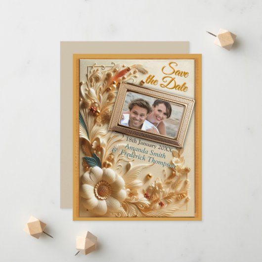 シックなエレガントクリームとレザーの花の質感 案内状 (正面/裏面インサイチュ)