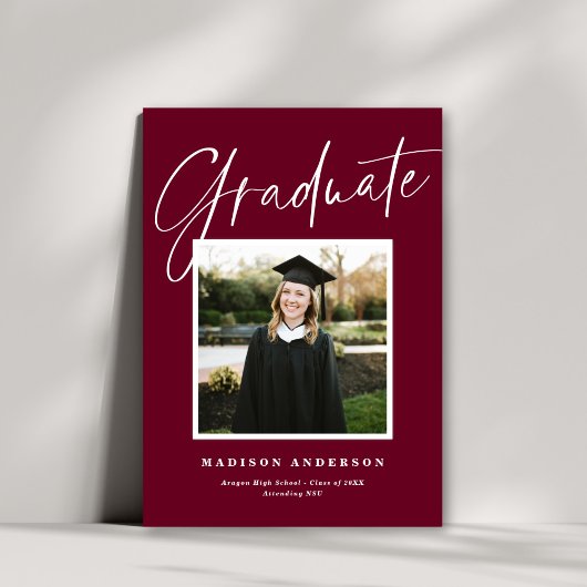 シックなエレガントスクリプト写真の卒業発表 招待状