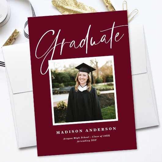 シックなエレガントスクリプト写真の卒業発表 招待状