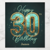 シックなエレガントティール(緑がかった色)と金ゴールドメタリック30th誕生日 ワインラベル (シングルラベル)