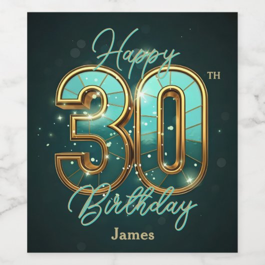 シックなエレガントティール(緑がかった色)と金ゴールドメタリック30th誕生日 ワインラベル (シングルラベル)