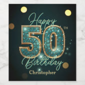 シックなエレガントティール（緑がかった色）と金ゴールドメタリック50誕生日 ワインラベル (シングルラベル)