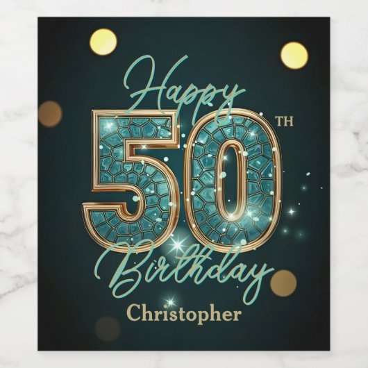 シックなエレガントティール(緑がかった色)と金ゴールドメタリック50誕生日 ワインラベル (シングルラベル)
