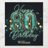 シックなエレガントティール(緑がかった色)と金ゴールドメタリック80誕生日 ワインラベル (シングルラベル)