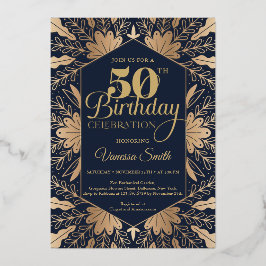 シックなエレガントネイビー実在と金ゴールドフォイル50th誕生日 箔招待状
