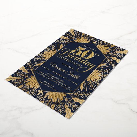 シックなエレガントネイビー実在と金ゴールドフォイル50th誕生日 箔招待状 (回転した状態)