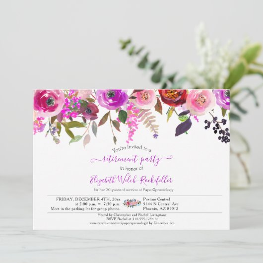 シックなエレガントバラフローラ写真の退職パーティー 招待状 (スタンド正面)