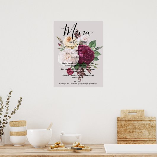 シックなエレガントブルゴーニュの花のメニューサイン ポスター (キッチン)