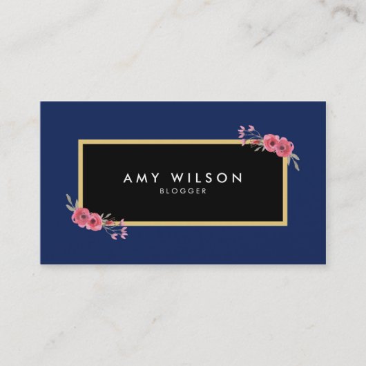 シックなエレガントブロガーのソーシャルメディアのブルーフローラ 名刺 (正面)