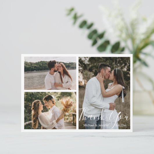 シックなエレガント書結婚道の3枚の写真コラージュ サンキューカード (スタンド正面)